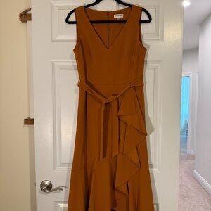 Calvin Klein Burnt Orange/Brown Belted Midi Sheath Dress Ruffled Hem - 10